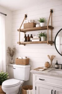 Rustic wooden bathroom shelves suspended with rope supports. Bathroom Shelf Ideas