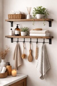 Floating bathroom shelves with hooks underneath, styled with towels, baskets, and simple decor 