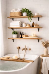 Floating shelves installed above a bathtub for decor and storage. Bathroom Shelf Ideas
