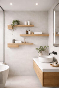 Staggered piano-key-style shelves creating a modern bathroom feature.