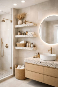 Terrazzo shelves adding texture and color to a modern bathroom. Bathroom Shelf Ideas