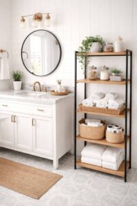 Tiered shelving unit placed beside a bathroom vanity for organized storage. Bathroom Shelf Ideas