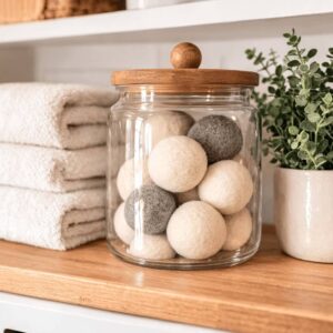 Decorative glass jar filled with wool dryer balls displayed on a laundry room shelf.