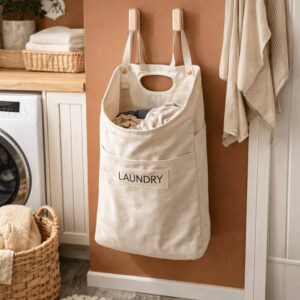 Fabric laundry bag hanging on a wall hook keeping dirty clothes organized in a small laundry room. laundry room organization