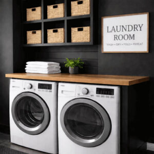 Wooden countertop installed above a washer and dryer creating a folding station in a small laundry room. Laundry room organization