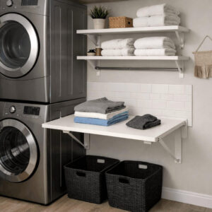 Laundry folding station with countertop above appliances used for sorting and folding clothes.
