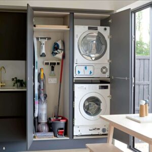 Laundry room storage area holding iron, spray bottle, and starch organized together.