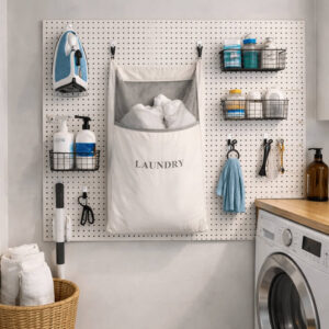 Pegboard wall organizer in a laundry room holding spray bottles, scissors, and cleaning tools. laundry room organization