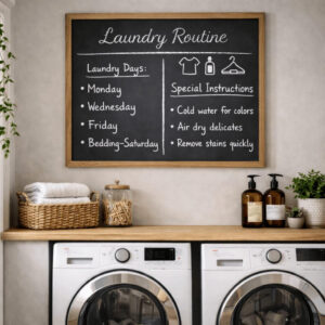 Laundry routine board with reminders and schedule written on a small whiteboard in the laundry room. laundry room organization