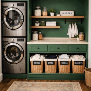 Multiple labeled laundry baskets used for sorting whites, darks, towels, and delicates. laundry room organization