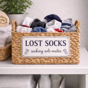 Small basket labeled lost socks placed on a laundry room shelf for organizing unmatched socks. laundry room organization