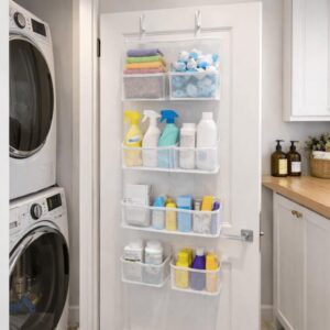 Over-the-door organizer holding cleaning cloths, sprays, and laundry supplies.