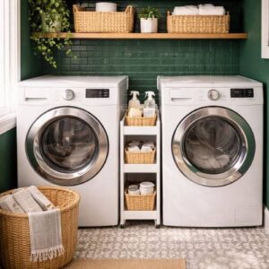 Narrow rolling storage cart between washer and dryer storing laundry pods, dryer sheets, and stain removers.
