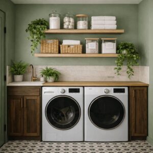 Floating wooden shelves above a washer and dryer holding detergent jars, baskets, and folded towels in a small organized laundry room.