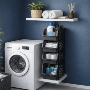 Stackable storage bins on shelves organizing detergent, paper products, and cleaning cloths. laundry room organization