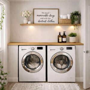Styled laundry room with framed art, small plant, and warm decor creating an inviting organized space. laundry room organization