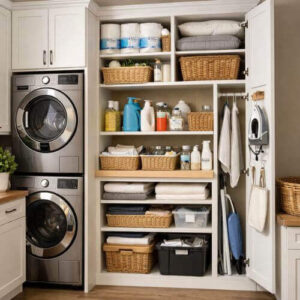 Tall cabinets in a laundry room maximizing vertical storage space for towels and laundry supplies. laundry room organization