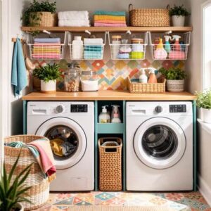 Wire under-shelf baskets creating extra storage space for lightweight laundry supplies. laundry room organization