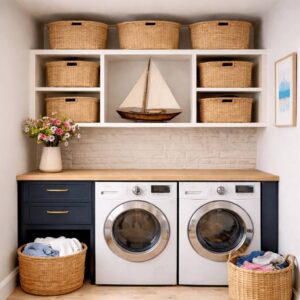 Woven storage baskets on laundry room shelves holding cleaning cloths, paper towels, and extra laundry supplies.