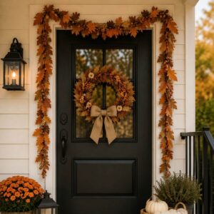 Autumn garland with acorns and colorful leaves hanging around a front porch doorway.