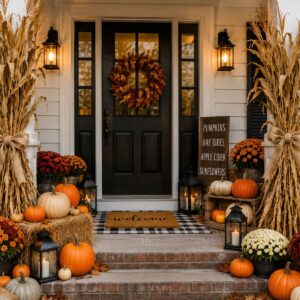 Corn stalks tied around porch columns creating a farmhouse-inspired fall entryway.