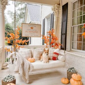 Cozy plaid throw blanket draped over a porch chair with fall decorations nearby.