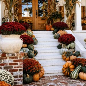 Colorful decorative gourds mixed with pumpkins on a charming autumn front porch.