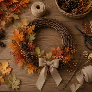 Handmade grapevine wreath decorated with fall leaves, pinecones, and berries.