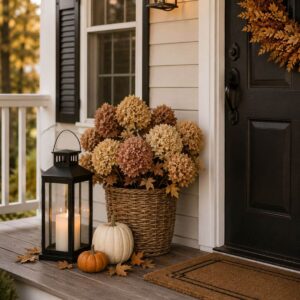 Dried hydrangeas displayed in a planter beside neutral pumpkins on a fall porch.