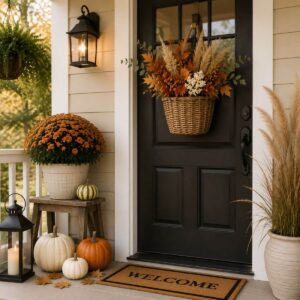 Front door decorated with a hanging basket filled with fall leaves, berries, and wheat stems.