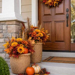 Seasonal flower baskets filled with mums and ornamental grasses decorating a front porch.