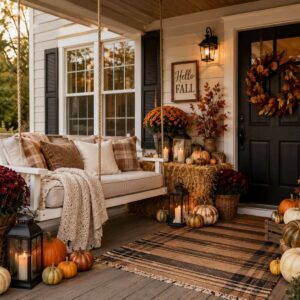 Inviting fall seating area with rocking chairs, pumpkins, lanterns, and seasonal pillows.
