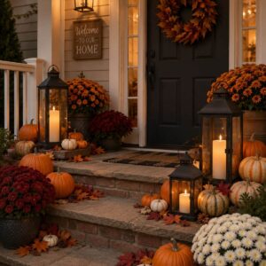 Black lanterns with glowing candles surrounded by mini pumpkins and autumn leaves.