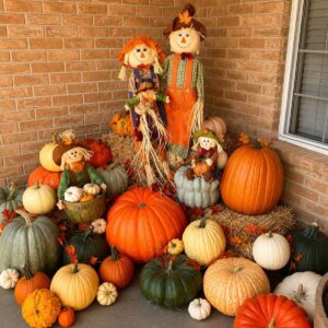 Decorative scarecrow standing beside pumpkins and hay bales on a festive fall porch.