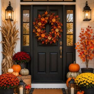 Beautiful fall wreath with autumn leaves and mini pumpkins hanging on a front door.