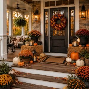 Hay bale decorated with pumpkins and lanterns on a cozy autumn front porch.
