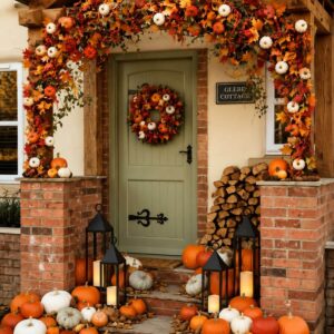 Front porch decorated with layered orange, white, and green pumpkins in different sizes for a cozy fall display.