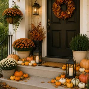 Mini pumpkins decorating porch steps and lanterns on a small fall front porch.