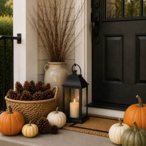 Basket filled with pinecones, branches, and acorns used for natural fall porch decorating.