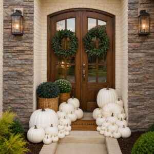 Elegant white, cream, and green pumpkins decorating a modern fall front porch.