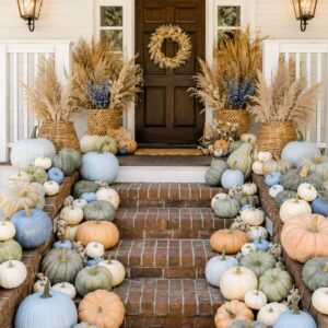 White and sage green painted pumpkins arranged on a cozy autumn porch.