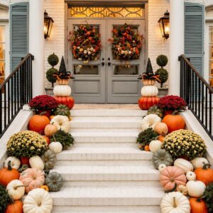 Front porch steps lined with pumpkins in different sizes and lanterns for fall.