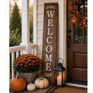 Rustic wooden welcome sign leaning beside a front door with pumpkins and lanterns.