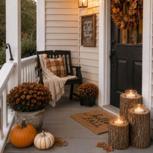 Rustic log candle holders with flameless candles beside pumpkins on a fall porch.