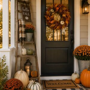 Small front porch decorated with a wreath, hanging basket, and welcome sign to maximize vertical space.
