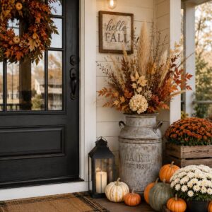 Vintage milk can filled with dried flowers and wheat stems beside pumpkins on a fall porch.