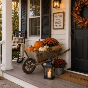Wooden wheelbarrow filled with pumpkins, gourds, and mums on a farmhouse fall porch.
