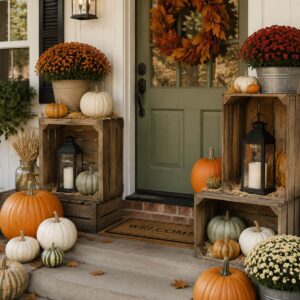 Rustic wooden crates displaying pumpkins, mums, and lanterns on a farmhouse porch.