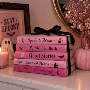 DIY pink Halloween book stack with spooky witch-inspired titles
