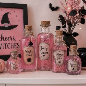 Homemade potion bottles with witch-inspired labels and magical mixtures